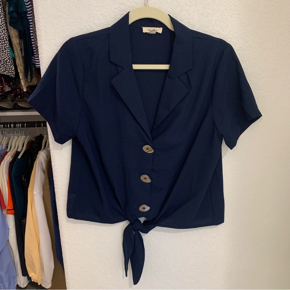 Navy Blue Button Down Cropped Top
